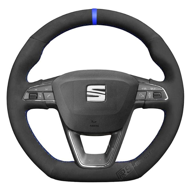 COUVRE VOLANT pour Seat, Effet FIBRE DE CARBONE Bleu Sportif FIN